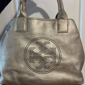 Tory Burch Gold Shoulder Bag with Logo and Textured Finish